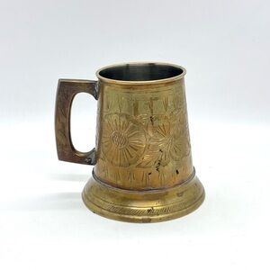 Vintage Hand Etched Brass Beer Tankard Mug Stein Glass Bottom Made In India